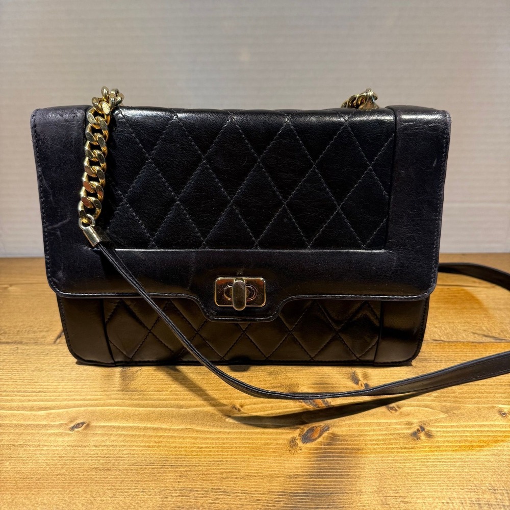 Vintage Browns Black Quilted Leather Chain Strap Shoulder Bag Turn Lock